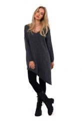 Asymetryczny Sweter Oversize - Szary. Szare swetry klasyczne damskie MOE, uniwersalny, z materiału, z asymetrycznym kołnierzem. Za 246.90 zł.