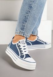 Granatowe Trampki na Platformie Ozdobione Cyrkoniami Arenoria. Niebieskie trampki damskie Renee, bez wzorów, z jeansu, bez zapięcia. Za 74.99 zł.