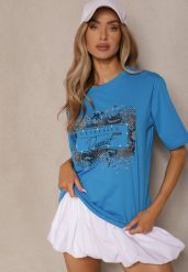 Niebieski T-shirt z Bawełny Zdobiony Nadrukiem z Cyrkoniami Idelunea. Niebieskie t-shirty damskie Renee, m, z aplikacjami, z bawełny, bez kołnierzyka. Za 34.99 zł.