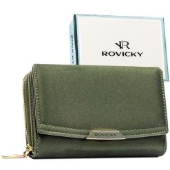 Portfel damski ze skóry ekologicznej w zielonym kolorze, zamykany na zatrzask - Rovicky. Zielone portfele damskie ROVICKY, bez wzorów, ze skóry ekologicznej. Za 79.99 zł.