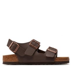 Sandały Birkenstock. Brązowe sandały damskie Birkenstock, bez wzorów, bez obcasa, na płaskiej podeszwie, bez zapięcia. Za 449.99 zł.