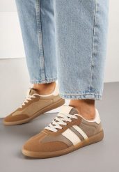 Ciemnobeżowe Sneakersy Tenisówki z Ozdobnymi Paskami Jenavena. Brązowe obuwie sportowe damskie Born2be, bez zapięcia, tenisowe. Za 69.99 zł.