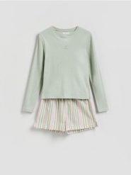 Dwuczęściowa piżama z nadrukiem - jasnozielony. Zielone piżamy damskie Reserved, bez wzorów, z bawełny, bez ramiączek. Za 109.99 zł.