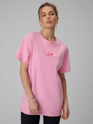 4F T-shirt oversize z nadrukiem damski - różowy S. Czerwone t-shirty damskie 4F, s, bez wzorów, z dzianiny, bez kołnierzyka. Za 79.99 zł.