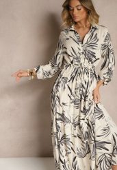 Beżowo-Czarna Rozkloszowana Sukienka Koszulowa z Lnu i Wiskozy z Roślinnym Printem Redeva. Czarne sukienki damskie Renee, bez wzorów, z wiskozy, eleganckie, bez ramiączek. W wyprzedaży za 97.99 zł.