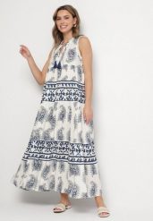 Niebieska Wiskozowa Sukienka Rozkloszowana z Wiązaniem we Wzór Paisley Mreadia. Niebieskie sukienki damskie Born2be, bez wzorów, z wiskozy, bez ramiączek. Za 179.99 zł.