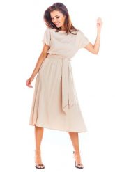 Beżowa Rozkloszowana Midi Sukienka z Krótkim Kimonowym Rękawem. Brązowe sukienki damskie Awama, bez wzorów, z elastanu, wizytowe, bez ramiączek. Za 239.90 zł.