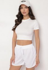 Biały T-shirt z Wiskozą o Dopasowanym Kroju Typu Crop Top Folirra. Białe t-shirty damskie Born2be, m, bez wzorów, z jeansu, bez kołnierzyka. Za 39.99 zł.