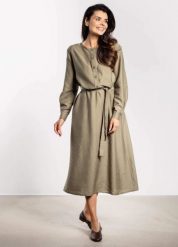 Sukienka rozkloszowana z długim rękawem i paskiem zielona. Zielone sukienki damskie Infinite You, bez wzorów, biznesowe, bez ramiączek. Za 349.00 zł.