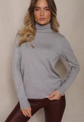 Jasnoszary Golf Sweterkowy o Klasycznym Kroju Neritale. Szare golfy damskie Renee, l, z aplikacjami, bez ramiączek. Za 49.99 zł.