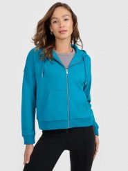 4F Bluza dresowa rozpinana z kapturem damska - turkusowa L. Niebieskie kardigany damskie 4F, l, bez wzorów, z bawełny. Za 169.99 zł.