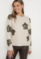 Beżowy Sweter z Kwiatowymi Naszywkami i Cekinami Ciadora. Brązowe swetry klasyczne damskie Born2be, z jeansu, bez kołnierzyka. Za 159.99 zł.