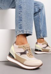 Beżowe Sneakersy na Ukrytym Niewysokim Koturnie z Brokatem Fioralan. Brązowe obuwie sportowe casual damskie Renee, bez zapięcia. Za 119.99 zł.