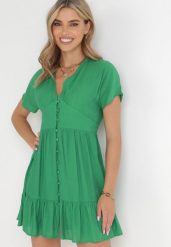 Zielona Sukienka Szmizjerka Mini z Falbanką i Ozdobnymi Guzikami Nenka. Zielone sukienki damskie Born2be, bez wzorów, z tkaniny, bez ramiączek. Za 179.99 zł.