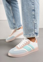 Biało-Niebieskie Sneakersy Tenisówki z Geometrycznym Wzorem Eleamila. Białe obuwie sportowe damskie Born2be, z aplikacjami, z jeansu, bez zapięcia. Za 89.99 zł.