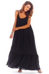 Czarna Luźna Maxi Sukienka na Lato. Czarne sukienki damskie Awama, bez wzorów, z materiału, bez ramiączek. Za 269.90 zł.