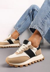 Beżowo-Czarne Sznurowane Sneakersy na Podeszwie z Bieżnikiem Ozdobione Przeszyciami Flipa. Brązowe obuwie sportowe damskie Renee, bez zapięcia. Za 89.99 zł.