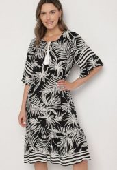 Czarna Sukienka o Pudełkowym Kroju z Wiązaniem przy Dekolcie w Roślinny Wzór Mirionela. Czarne sukienki damskie Born2be, bez wzorów, eleganckie, bez ramiączek. W wyprzedaży za 55.24 zł.