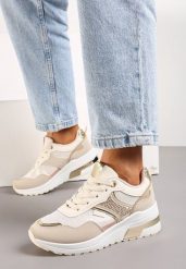 Beżowe Sneakersy ze Złotymi Wstawkami i Brokatem oraz Cyrkoniami Avanalis. Brązowe obuwie sportowe casual damskie Born2be, bez zapięcia. Za 99.99 zł.