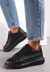Czarne Sneakersy na Grubej Podeszwie z Przeszyciami i Perforacją Amela. Czarne obuwie sportowe damskie Renee, ze skóry, przed kostkę, bez zapięcia. Za 69.99 zł.