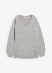 Sweter z dekoltem w serek. Niebieskie swetry klasyczne damskie bonprix, bez kołnierzyka. Za 97.99 zł.