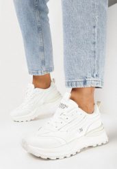 Białe Sznurowane Sneakersy z Wstawkami i Numerkiem Nelocca. Białe obuwie sportowe casual damskie Born2be, bez zapięcia. Za 99.99 zł.
