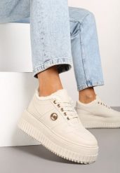 Beżowe Eleganckie Sneakersy na Grubej Żłobionej Podeszwie z Metalową Ozdobą Werizia. Brązowe obuwie sportowe damskie Renee, z futra, bez zapięcia. Za 119.99 zł.