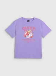 4F T-shirt loose z nadrukiem damski - fioletowy XS. Fioletowe t-shirty damskie 4F, xs, bez wzorów, z bawełny, bez kołnierzyka. Za 69.99 zł.