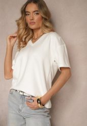Biały T-shirt z Dekoltem w Serek Fonellea. Białe t-shirty damskie Renee, l, bez wzorów, z jeansu, bez kołnierzyka. Za 39.99 zł.
