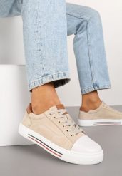 Beżowe Płaskie Trampki ze Skóry Naturalnej ze Skórzaną Wkładką i Ozdobnym Noskiem Milili. Brązowe trampki damskie Renee, bez wzorów, z jeansu, bez zapięcia. Za 169.99 zł.