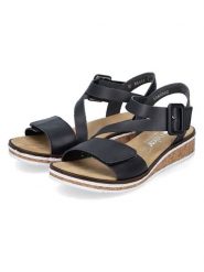 Rieker Sandały w kolorze czarnym rozmiar: 39. Czarne sandały damskie Rieker, bez wzorów, z otwartym noskiem, bez obcasa, na koturnie, bez zapięcia. Za 163.64 zł.