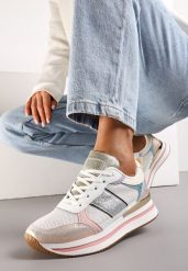 Srebrno-Różowe Sneakersy Ozdobione Brokatem i Kolorowymi Wstawkami Veradis. Szare obuwie sportowe damskie Renee, bez zapięcia. Za 89.99 zł.