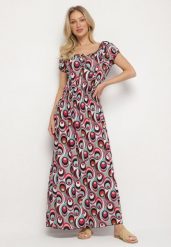 Jasnozielona Sukienka z Geometrycznym Wzorem i Hiszpańskim Dekoltem Tosile. Zielone sukienki damskie Born2be, bez wzorów, eleganckie, bez ramiączek. Za 79.99 zł.