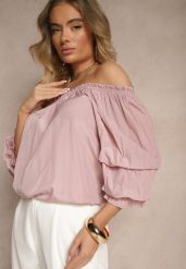 Różowa Bluzka z Wiskozą Ozdobiona Falbanami Melzivia. Czerwone bluzki damskie Renee, bez wzorów, z wiskozy, eleganckie, bez kołnierzyka, bez ramiączek. Za 44.99 zł.