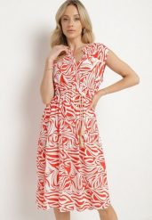 Czerwona Bawełniana Rozkloszowana Sukienka z Geometrycznym Wzorem Annivaria. Czerwone sukienki damskie Born2be, bez wzorów, z bawełny, eleganckie, bez ramiączek. Za 79.99 zł.