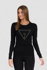 GUESS Czarny damski sweter Rylie Triangle Logo. Czarne swetry klasyczne damskie Guess, s, z elastanu, bez kołnierzyka. W wyprzedaży za 322.99 zł.