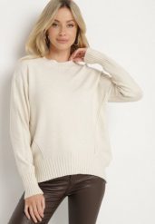 Jasnobeżowy Sweter z Modalem i Wiskozą Ozdobiony Ściągaczami Heliti. Brązowe swetry klasyczne damskie Born2be, l, z jeansu, bez kołnierzyka. Za 84.99 zł.