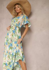 Biało-Zielona Sukienka na Lato Maxi w Kwiaty z Gumką i Wiązanym Paskiem w Talii Uveilla. Białe sukienki damskie Renee, bez wzorów, bez ramiączek. Za 79.99 zł.