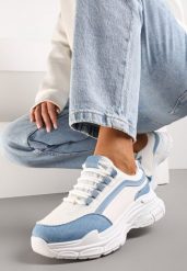 Biało-Niebieskie Casualowe Sneakersy z Ekoskóry z Ozdobnymi Wstawkami i Sznurowaniem Melindia. Białe obuwie sportowe damskie Renee, bez zapięcia. Za 89.99 zł.