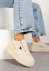 Beżowe Sznurowane Sneakersy Vices Tłoczonej Platformie Ozdobione Trójkątem Raviri. Brązowe obuwie sportowe damskie Renee, z jeansu, bez zapięcia. Za 79.99 zł.