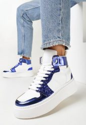 Biało-Granatowe Sneakersy na Grubej Płaskiej Podeszwie z Cholewką za Kostkę Ozdobione Brokatem i Metalicznymi Wstawkami Byreli. Białe obuwie sportowe damskie Born2be, za kostkę, bez zapięcia. Za 29.99 zł.