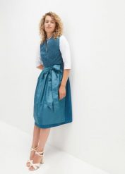 Sukienka midi w ludowym stylu w żakardowy wzór+ fartuch (kompl. 2-częściowy). Niebieskie sukienki damskie bonprix, bez wzorów, z bawełny, eleganckie, bez ramiączek. Za 469.99 zł.