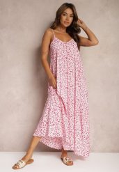 Czerwona Kwiatowa Sukienka z Bawełny na Ramiączkach z Regulacją Resvia. Czerwone sukienki damskie Renee, bez wzorów, z bawełny, eleganckie, bez ramiączek. W wyprzedaży za 34.99 zł.