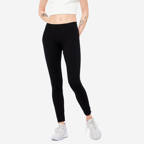 Legginsy fitness damskie Nyamba 100 Salto. Czarne legginsy damskie DOMYOS, plus size, bez wzorów, z bawełny. Za 29.99 zł.