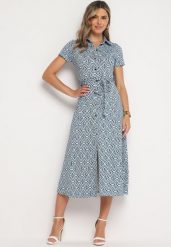 Niebieska Sukienka Taliowana o Koszulowym Kroju Zapinana na Guziki o Geometrycznym Wzorze Parra. Niebieskie sukienki damskie Born2be, bez wzorów, eleganckie, bez ramiączek. Za 189.99 zł.