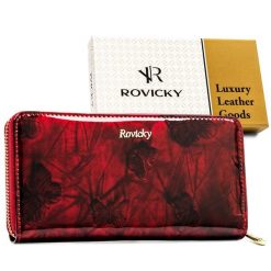 Modny portfel damski z lakierowanej skóry naturalnej w czerwonym kolorze zamykany suwakiem Rovicky RH-25-1-DBF. Czerwone portfele damskie bez wzorów, ze skóry. Za 84.00 zł.