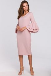 Sukienka na wesele elegancka midi z bufiastymi rękawami pudrowy róż. Czerwone sukienki damskie Makover, bez wzorów, eleganckie, bez ramiączek. Za 289.00 zł.