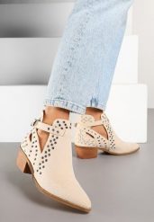 Beżowe Botki Kowbojki na Słupku Ozdobione Nitami i Wycięciem Eleawena. Brązowe botki damskie Renee, z jeansu, bez obcasa, na obcasie, bez zapięcia. Za 139.99 zł.