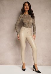 Beżowe Spodnie o Kroju Skinny z Ekoskóry Zorlemi. Brązowe rurki damskie Renee, bez wzorów, z jeansu. Za 49.99 zł.