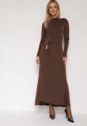 Brązowa Koktajlowa Sukienka Ozdobiona Metaliczną Aplikacją i Marszczeniem z Boku Retima. Brązowe sukienki damskie Born2be, z aplikacjami, eleganckie, bez ramiączek. Za 149.99 zł.